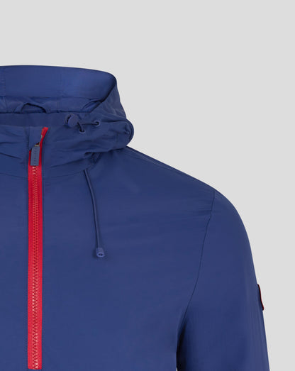 Close up of blue Rangers Men's Anorak chest with red zipper and hood edge