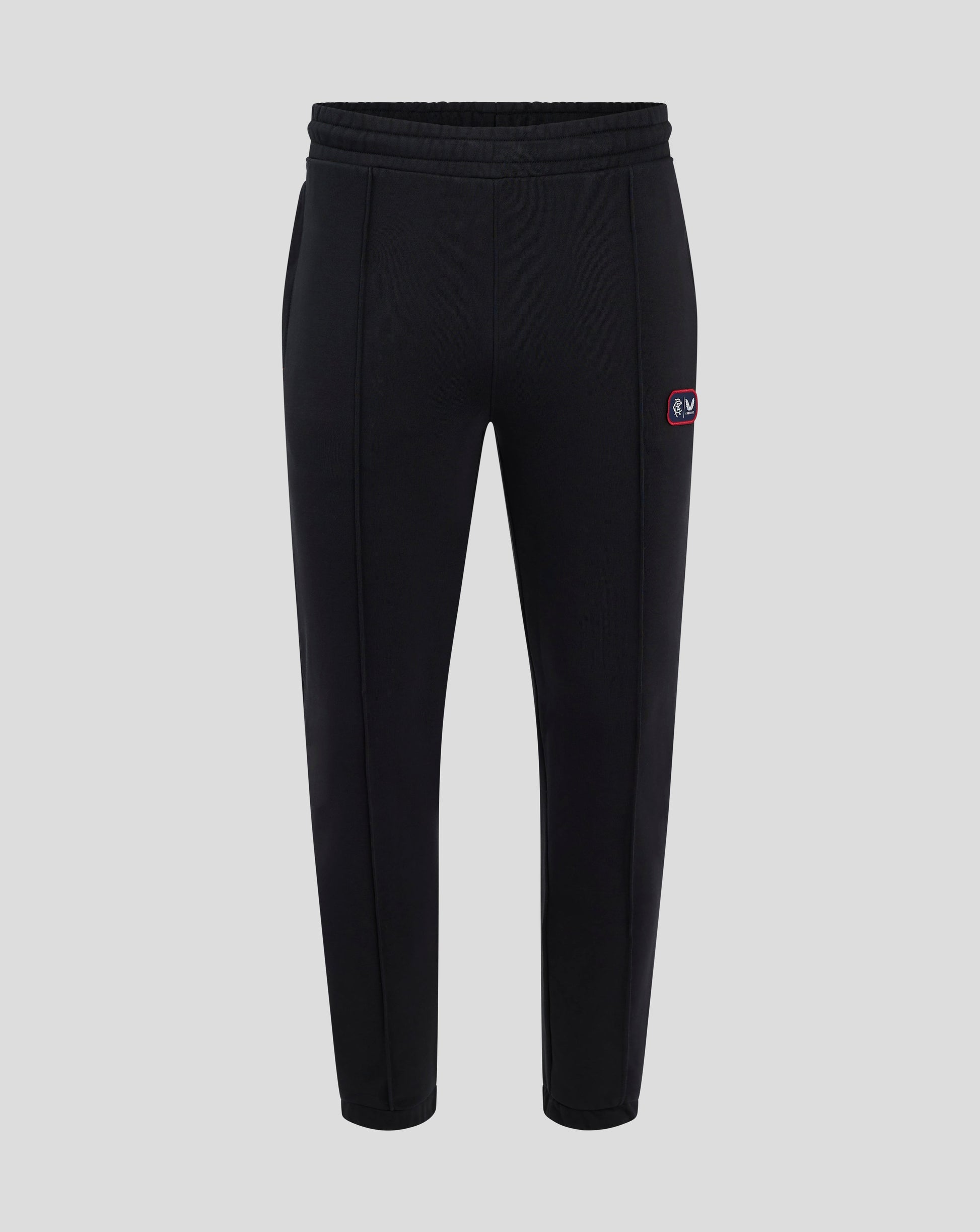 Front view of black Rangers FC lifestyle joggers showing a dual badge on the left thigh.
