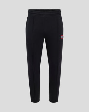 Front view of black Rangers FC lifestyle joggers showing a dual badge on the left thigh.