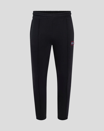 Front view of black Rangers FC lifestyle joggers showing a dual badge on the left thigh.