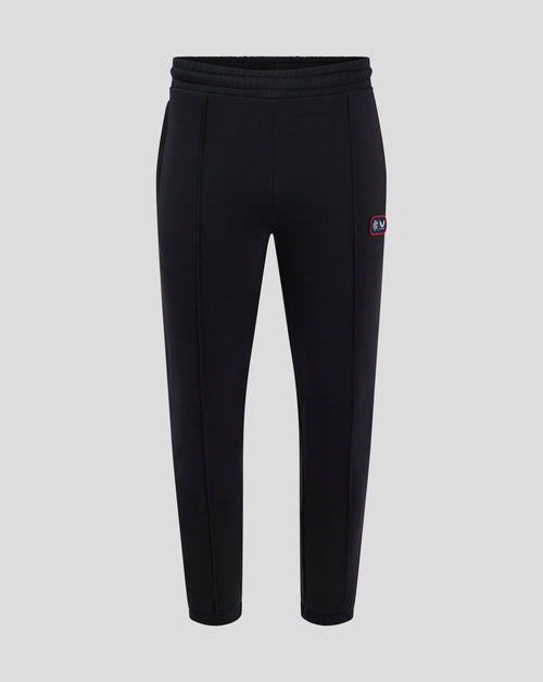Front view of black Rangers FC lifestyle joggers showing a dual badge on the left thigh.