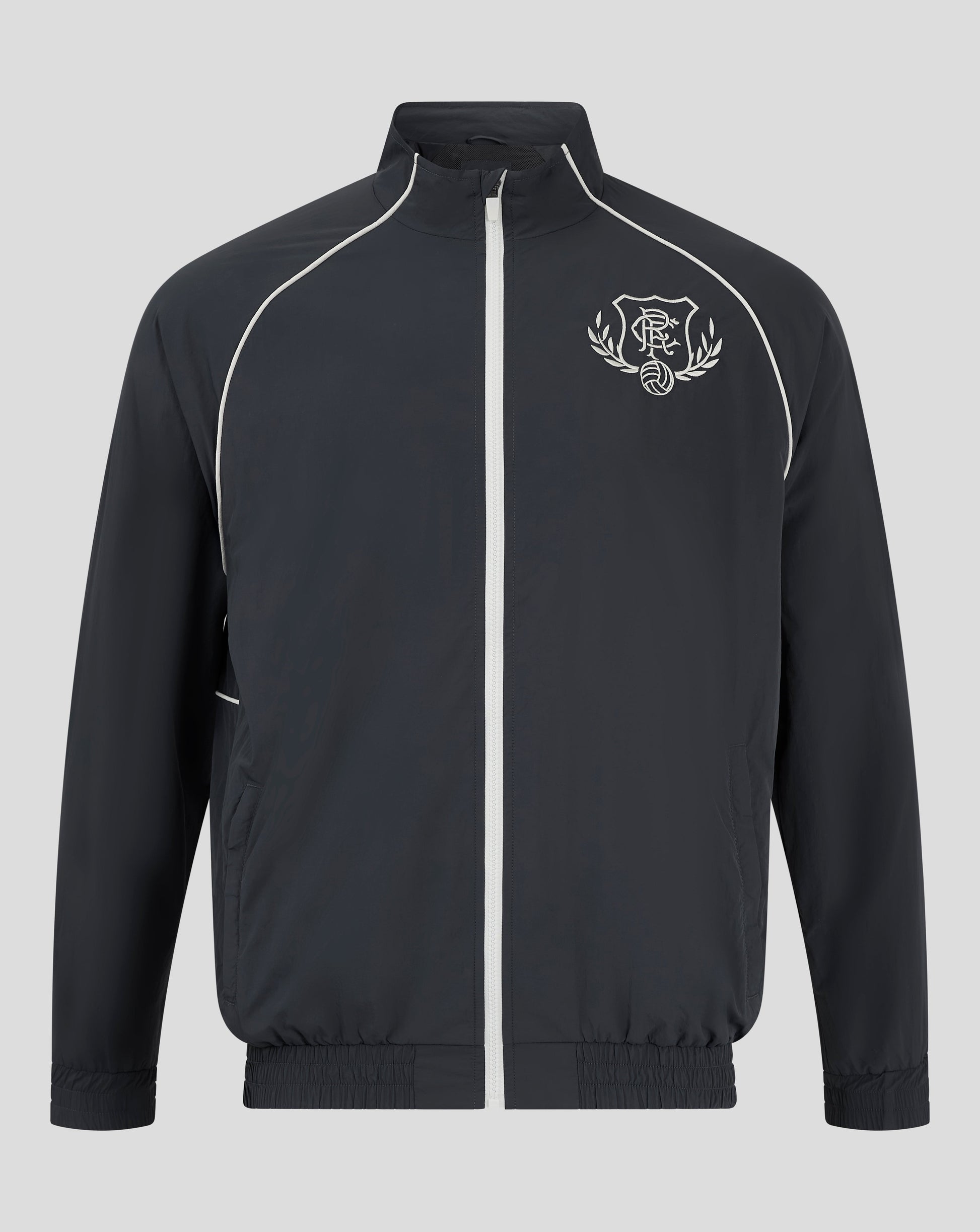 Front of dark navy Rangers Men's 24/25 Contemporary Track Jacket with white piping and crest on the left chest