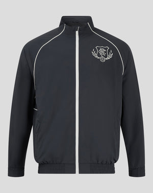 Front of dark navy Rangers Men's 24/25 Contemporary Track Jacket with white piping and crest on the left chest