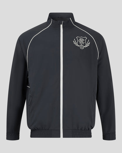 Front of dark navy Rangers Men's 24/25 Contemporary Track Jacket with white piping and crest on the left chest