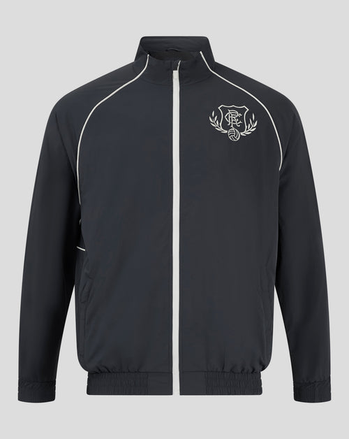 Front of dark navy Rangers Men's 24/25 Contemporary Track Jacket with white piping and crest on the left chest