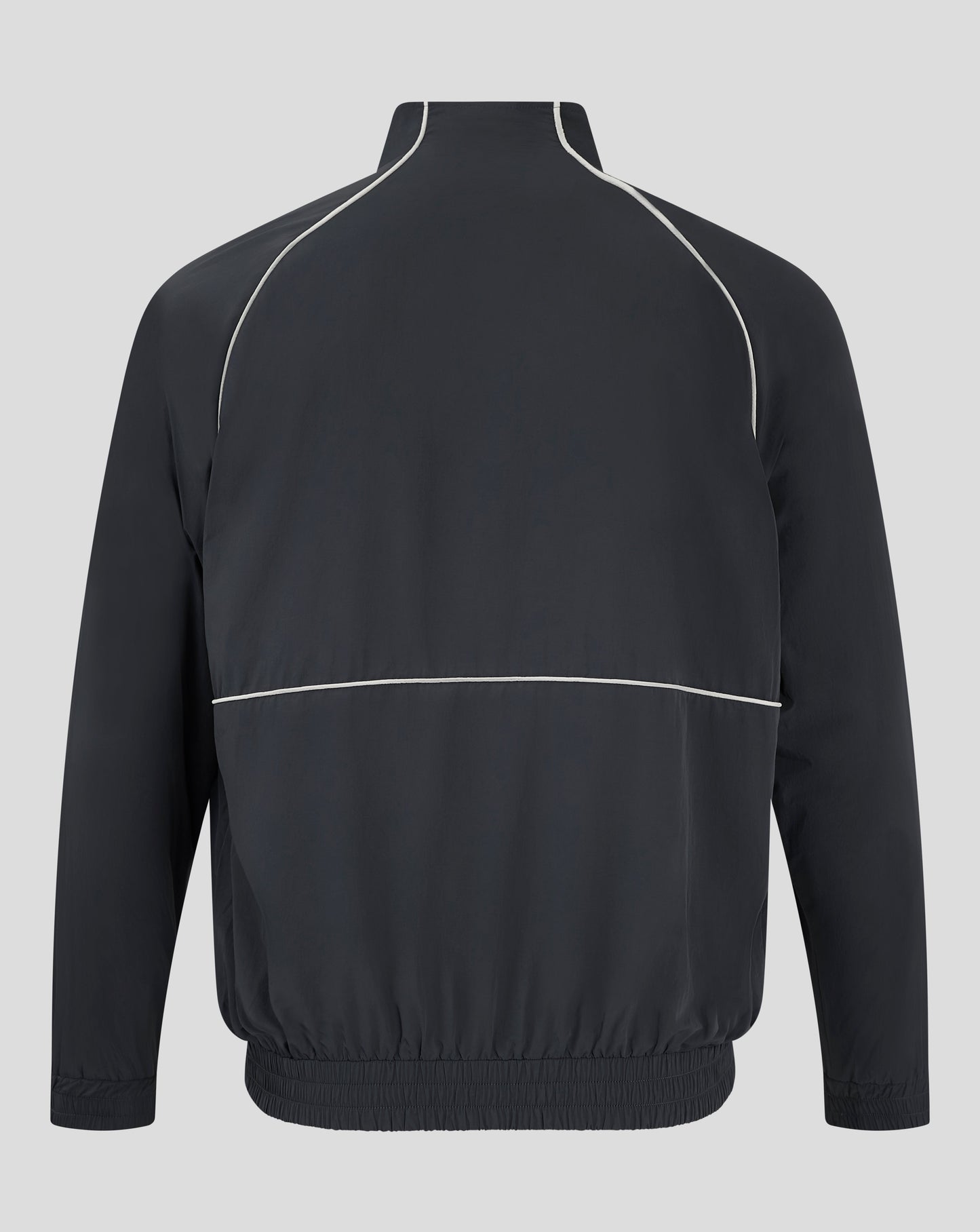 Back view of navy Rangers track jacket displaying white piping along shoulder seams and elastic hem