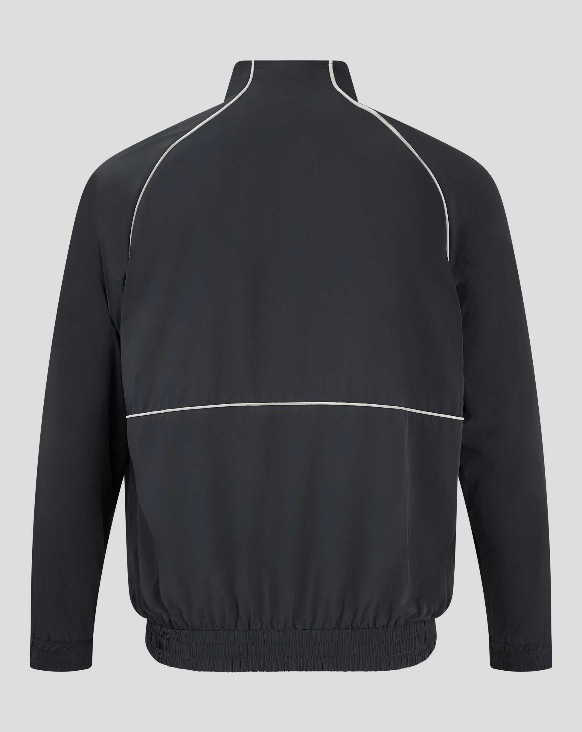 Back view of navy Rangers track jacket displaying white piping along shoulder seams and elastic hem