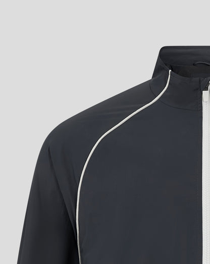 Close-up of navy Rangers track jacket showing white piping along the collar edge and zipper line