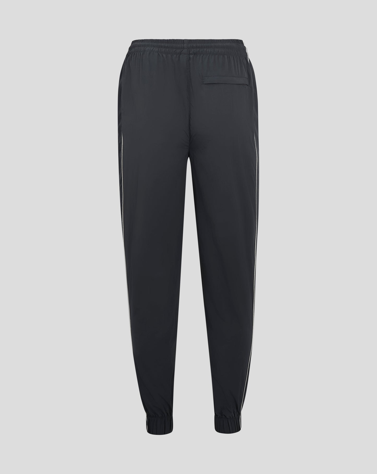 Back view of dark Rangers FC track pants with elastic waistband back welt pocket and contrast piping