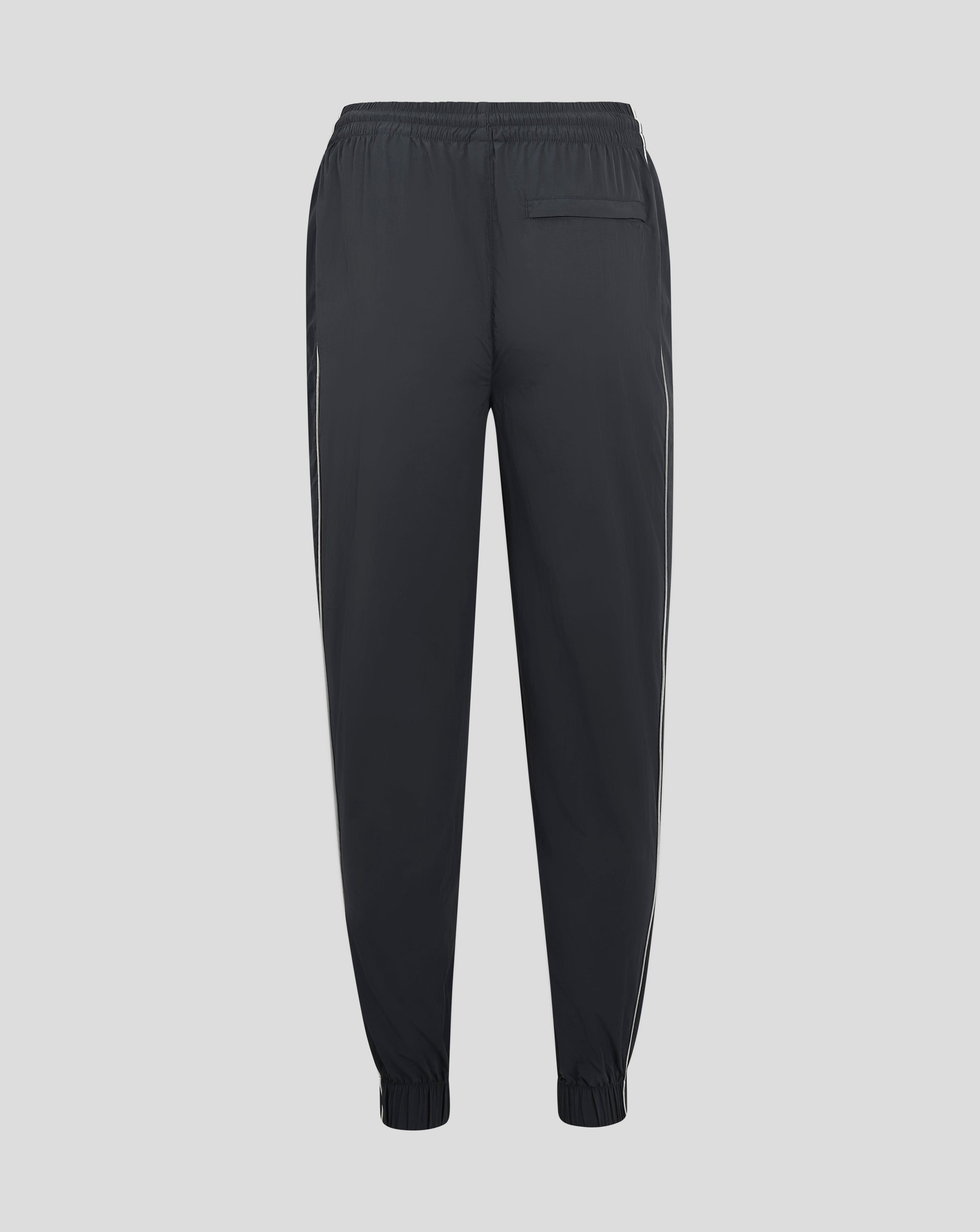 Back view of dark Rangers FC track pants with elastic waistband back welt pocket and contrast piping