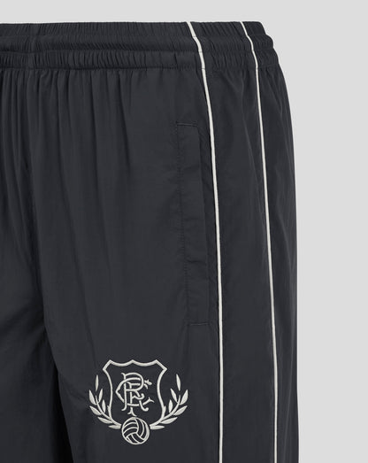 Close up of navy Rangers FC track pants showing elasticated waistband and full length white piping along the legs.