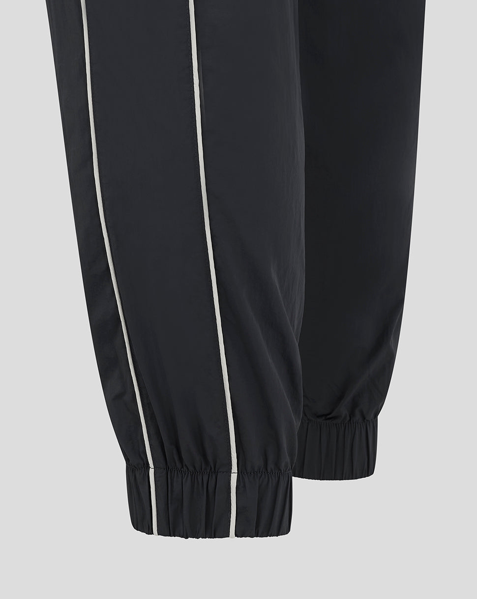 Cuffed hems of navy Rangers FC track pants with white piping along the outer seams and crest visible on the leg.