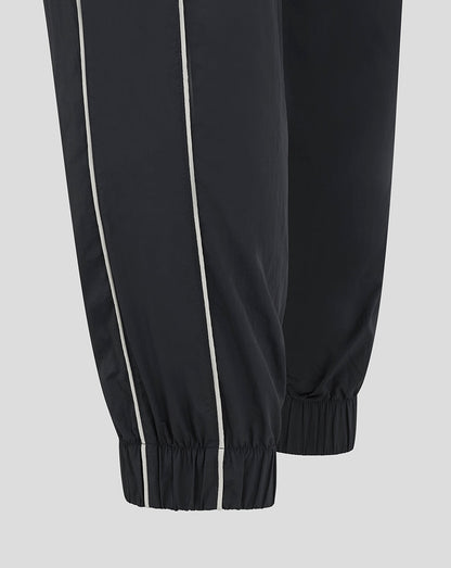 Cuffed hems of navy Rangers FC track pants with white piping along the outer seams and crest visible on the leg.