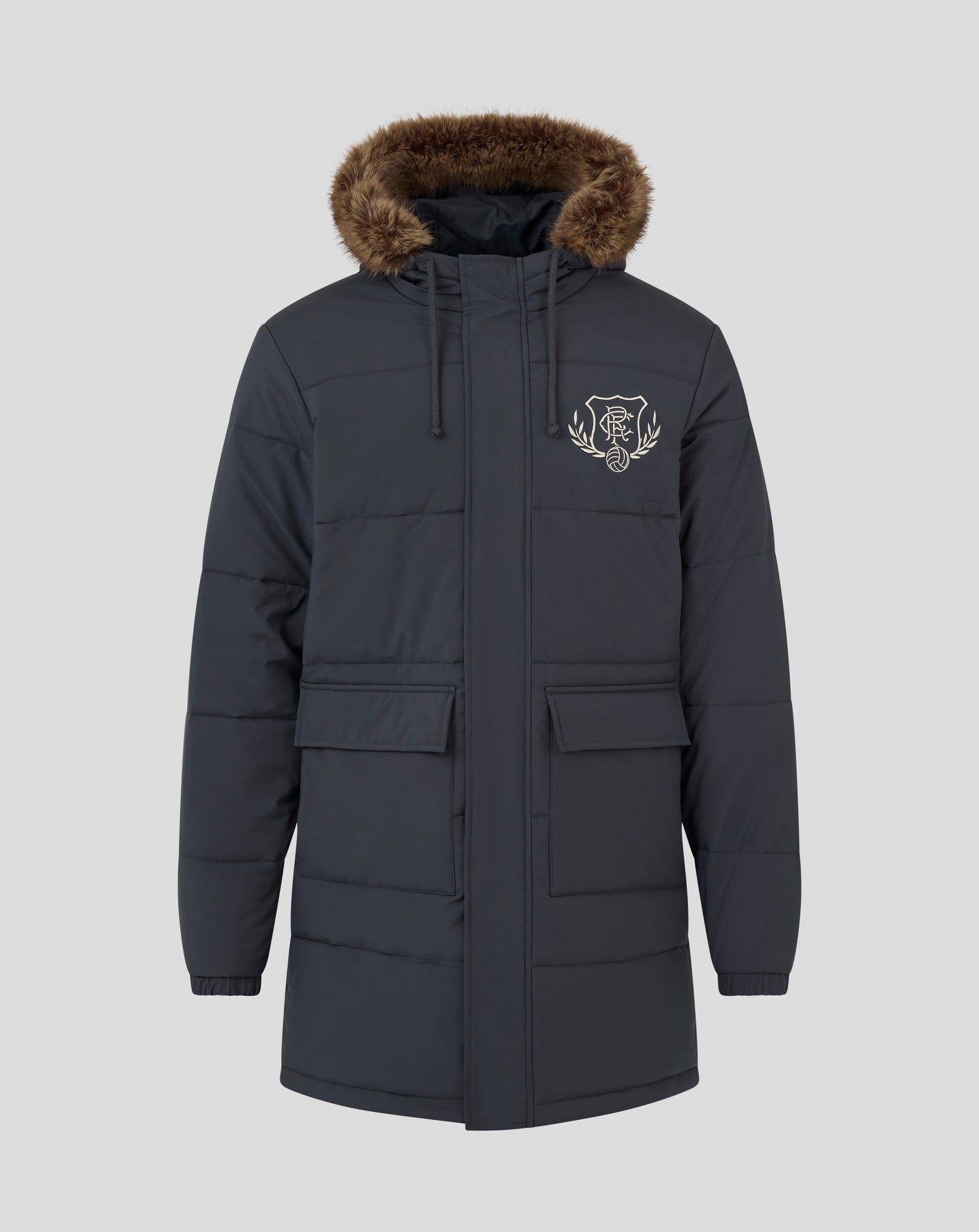 Front view of navy Rangers FC Parka with faux fur hood trim and embroidered crest on left chest