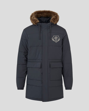 Front view of navy Rangers FC Parka with faux fur hood trim and embroidered crest on left chest
