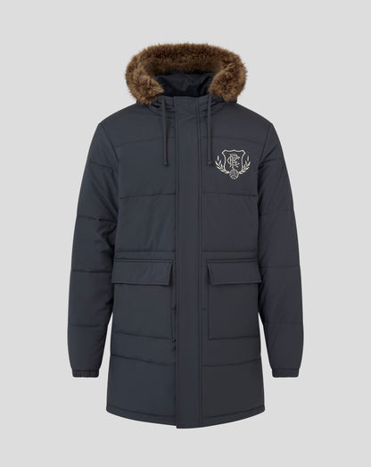 Front view of navy Rangers FC Parka with faux fur hood trim and embroidered crest on left chest