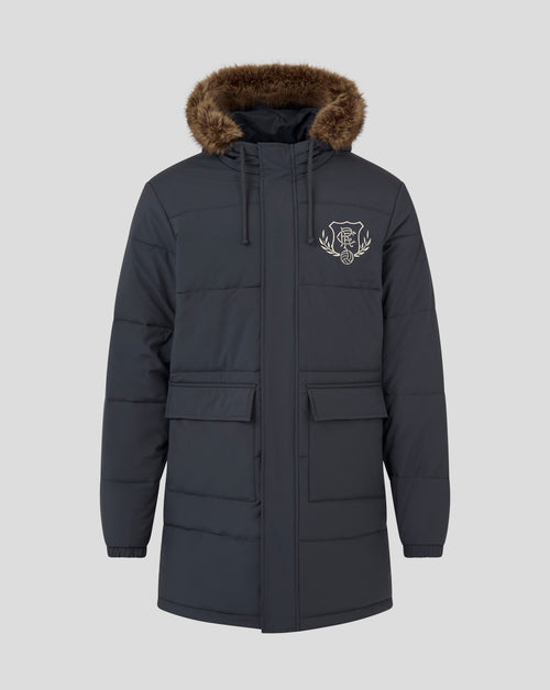 Front view of navy Rangers FC Parka with faux fur hood trim and embroidered crest on left chest