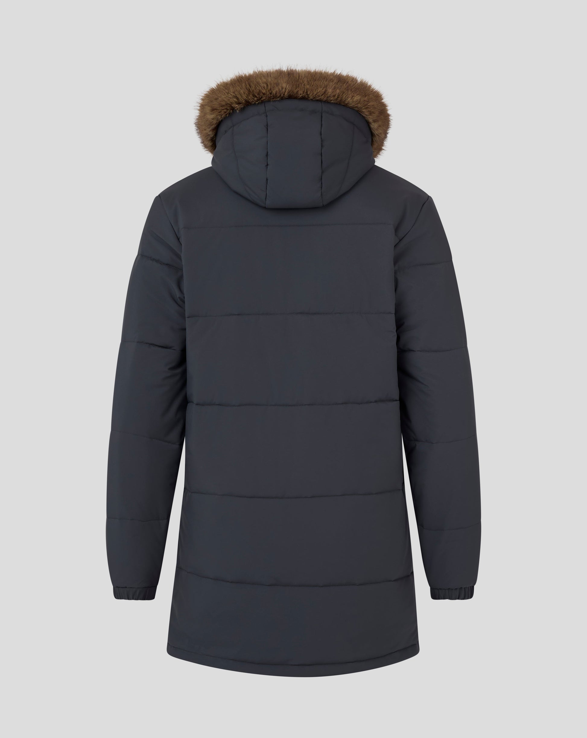 Back view of navy Rangers FC Parka hood with brown fur trim.