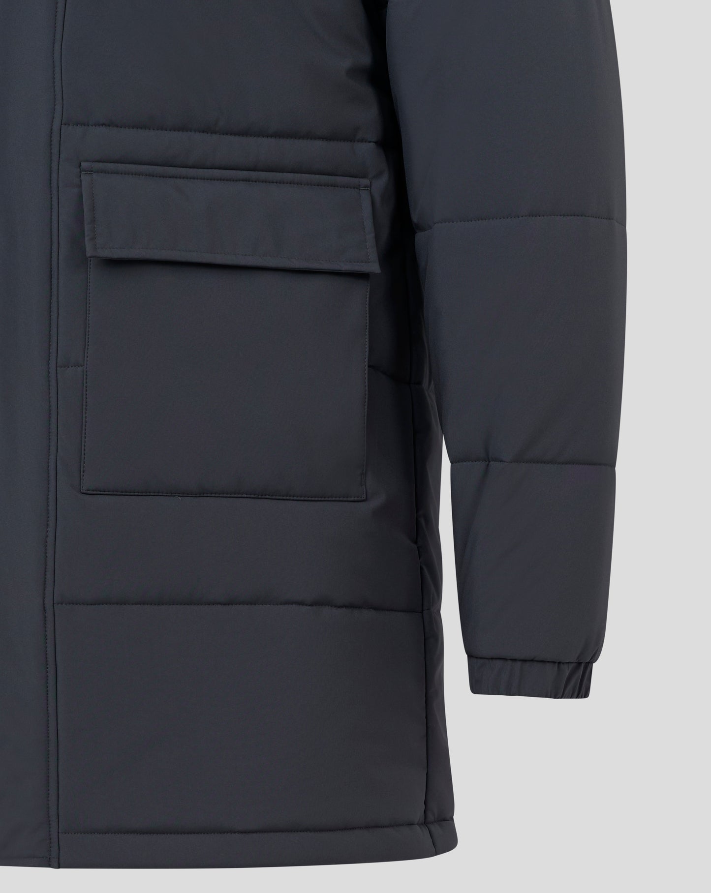 Navy Rangers FC Parka close up of a large front pocket with flap.