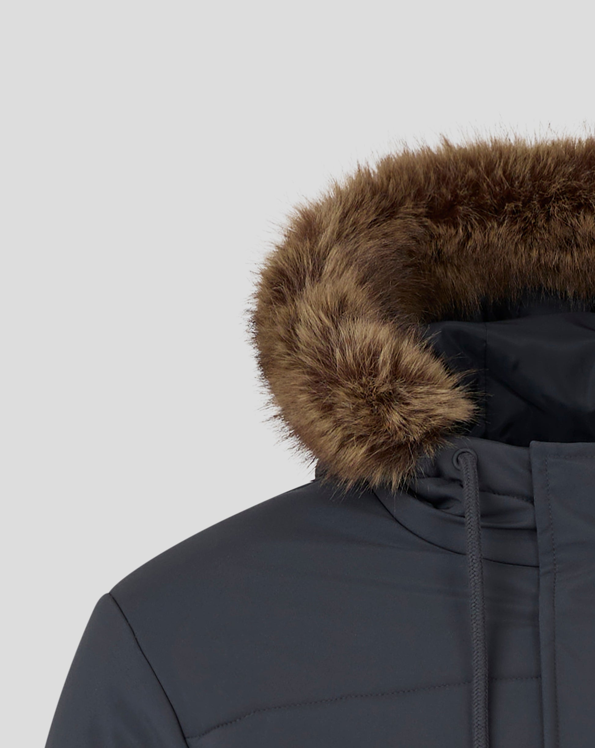 Close-up of fur hood trim on navy Parka