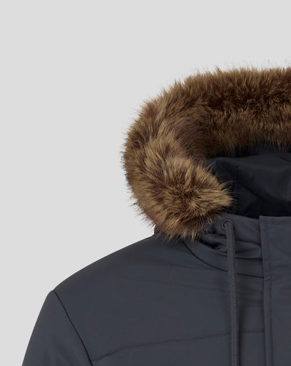 Close-up of fur hood trim on navy Parka