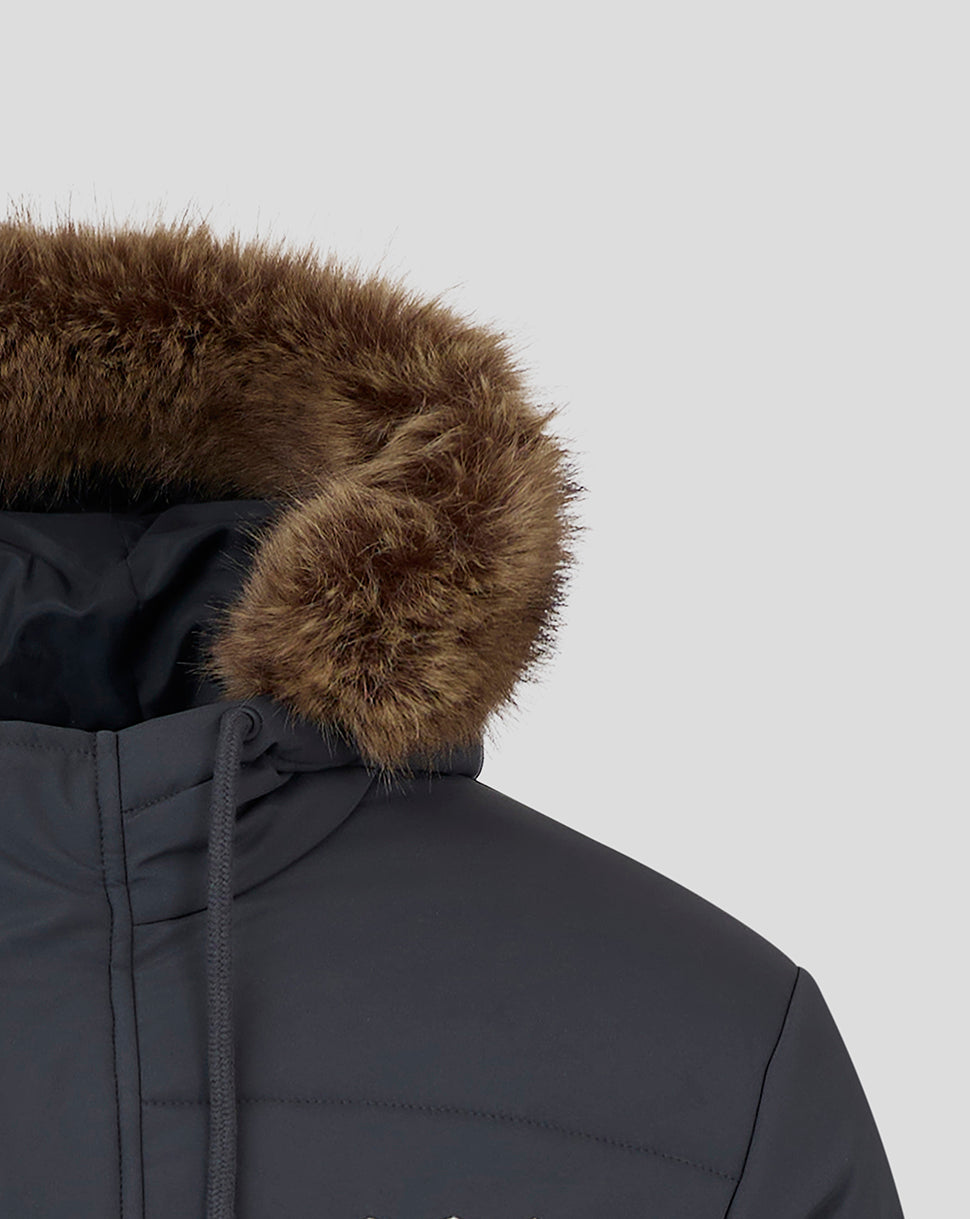 Hood detail on navy Rangers FC Parka showing brown faux fur trim and drawcords.