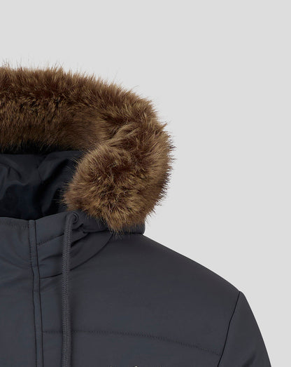 Hood detail on navy Rangers FC Parka showing brown faux fur trim and drawcords.