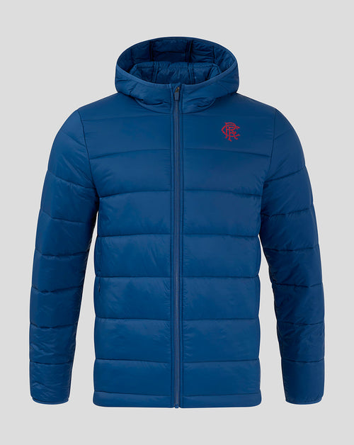 Front view of navy Rangers FC Core Long Sleeve Puffer Jacket with hood and left chest crest