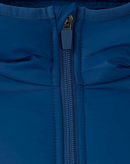 Close-up of the front zipper on a navy Rangers FC Core Long Sleeve Puffer Jacket