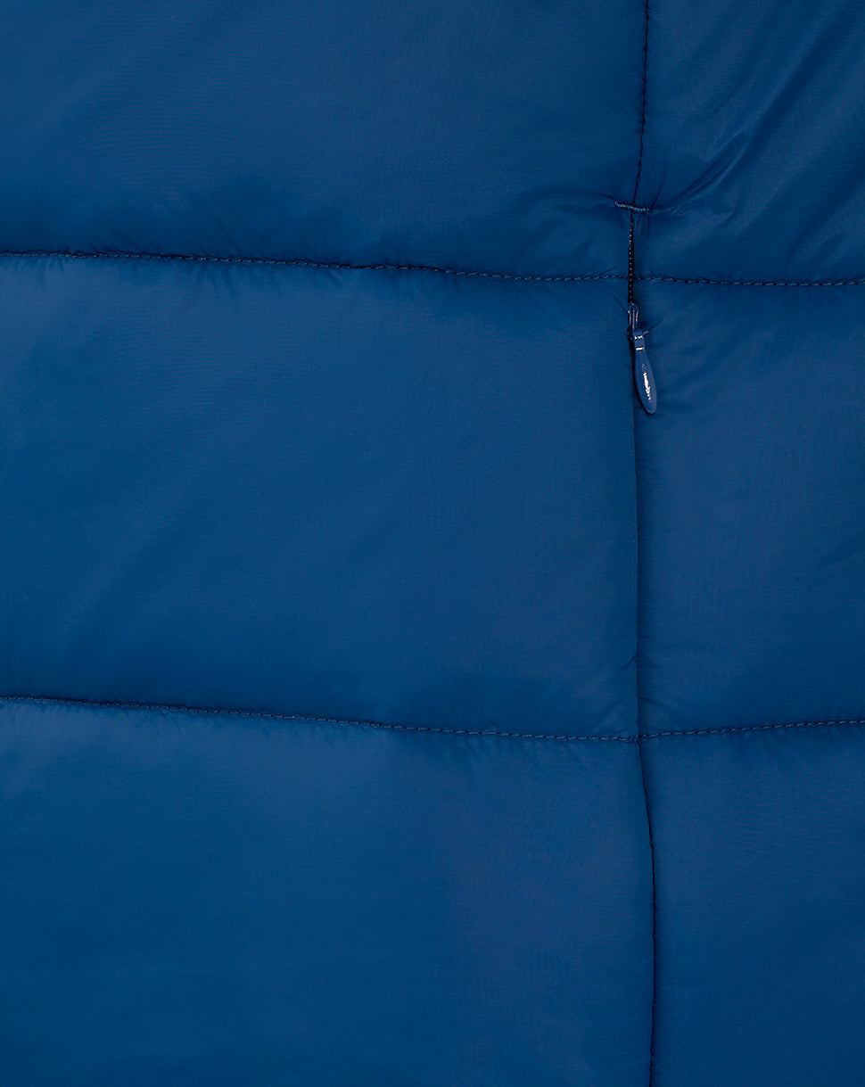 Detail of navy Rangers FC Core Puffer Jacket zipper with stitched quilt panels