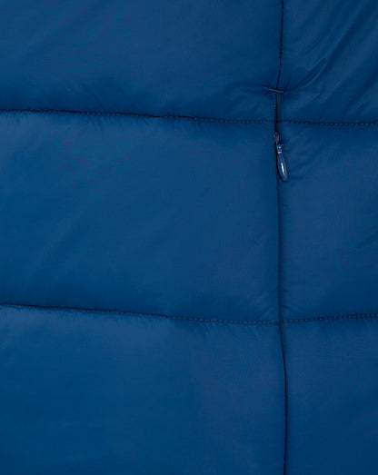Detail of navy Rangers FC Core Puffer Jacket zipper with stitched quilt panels