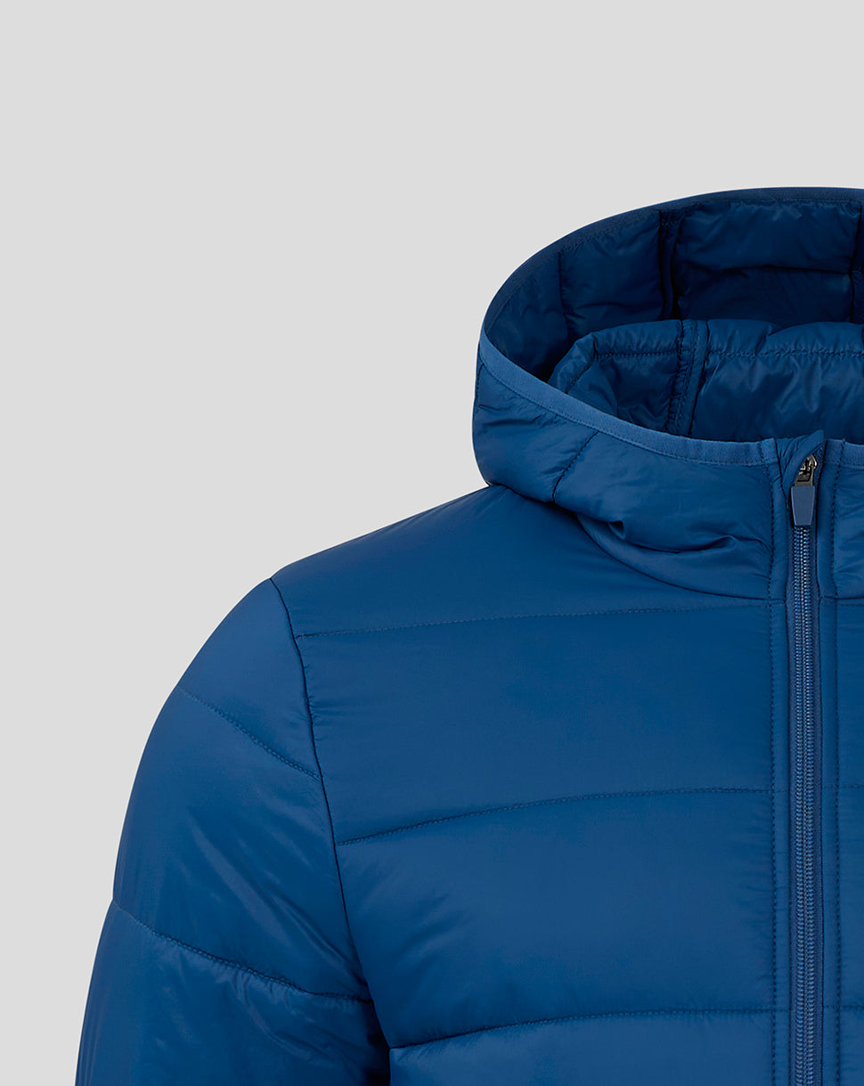 Close up of navy Rangers FC Core Puffer Jacket showing hood edge and exposed zipper at the collar