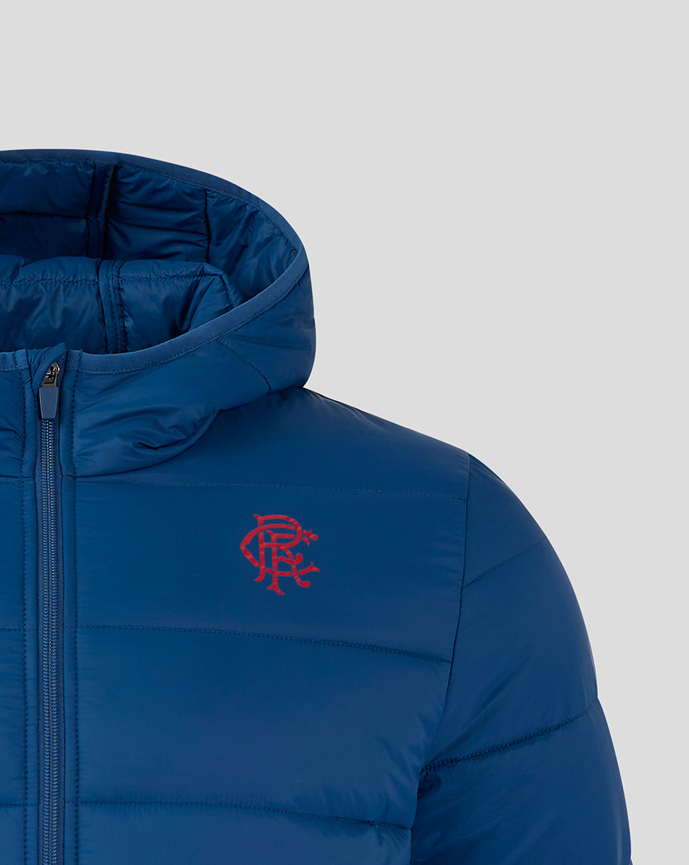 Close-up of navy Rangers FC Core Puffer Jacket showing a red crest on the left chest