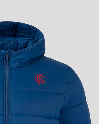 Close-up of navy Rangers FC Core Puffer Jacket showing a red crest on the left chest