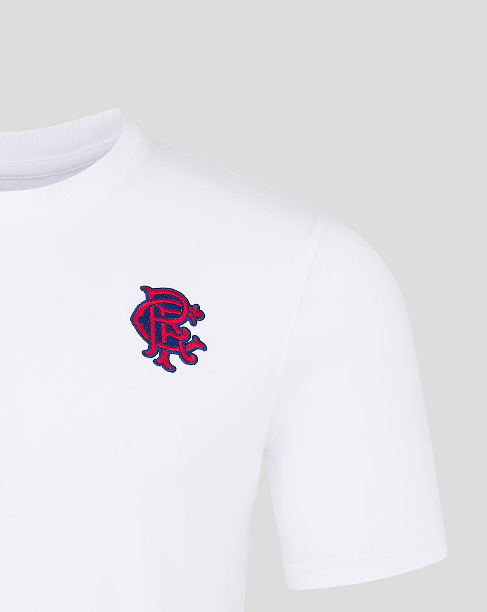 Close up of blue red embroidered Rangers crest on white Junior Core Fan Crest Top