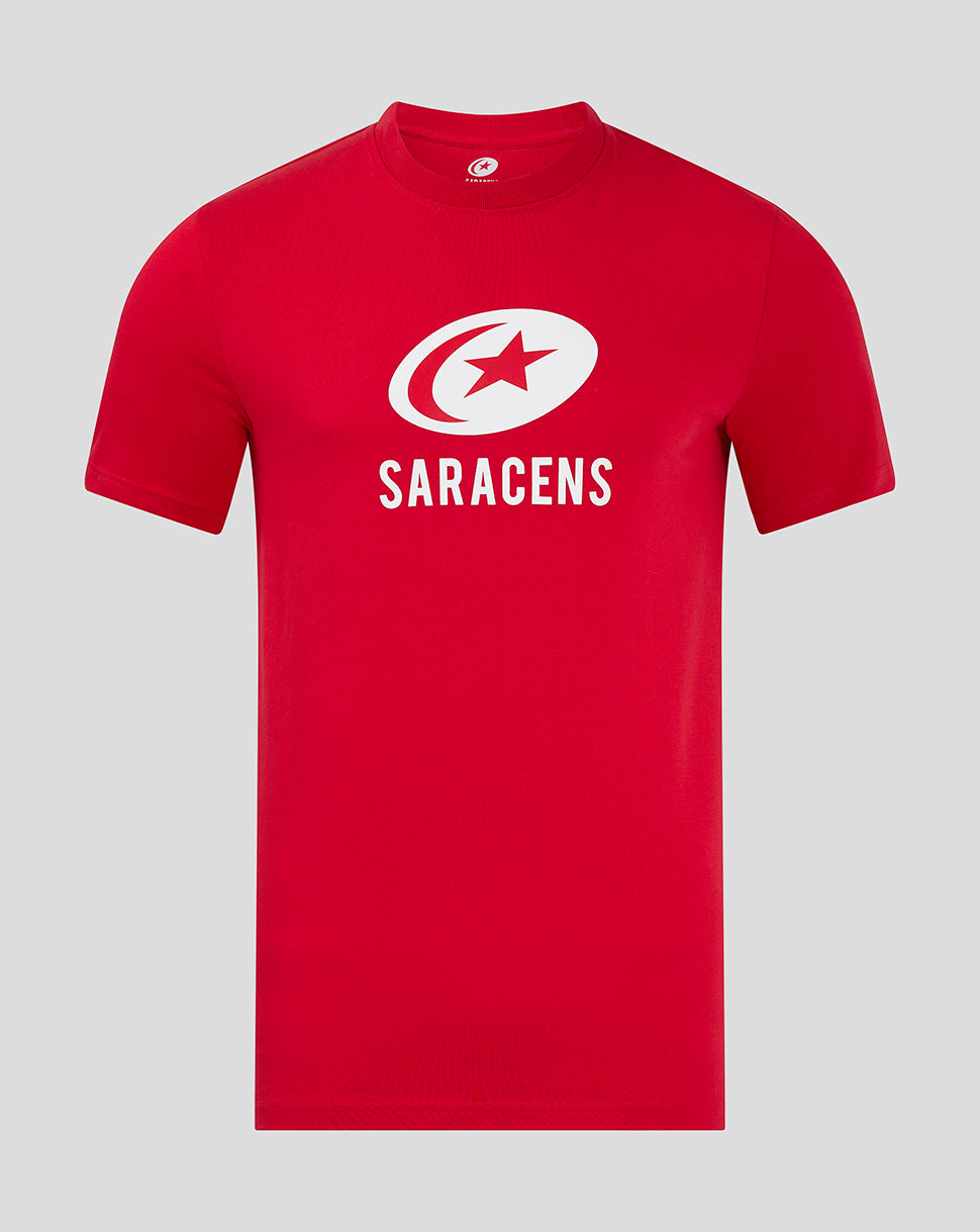 Red Saracens Core Crest T-shirt with white crest logo and SARACENS text on front