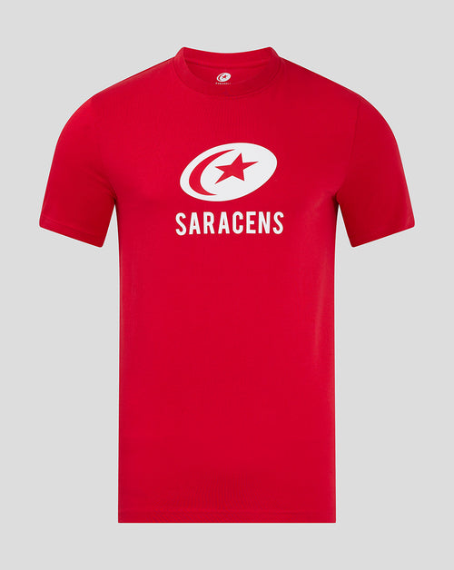 Red Saracens Core Crest T-shirt with white crest logo and SARACENS text on front