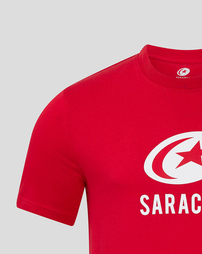 Close up of red Saracens Core Crest T-shirt showing white crest and partial SARACENS text on chest
