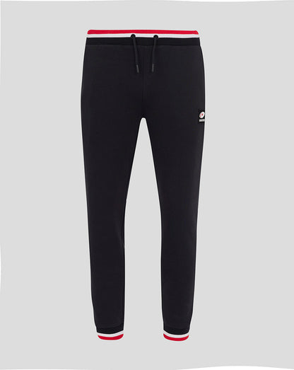Front view of black Saracens joggers with red white striped waistband and cuffs