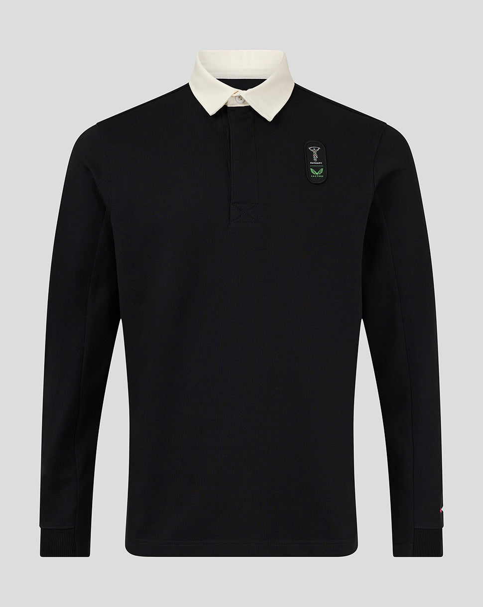Black Harlequins dual branded jersey top with white collar and crest on the chest.