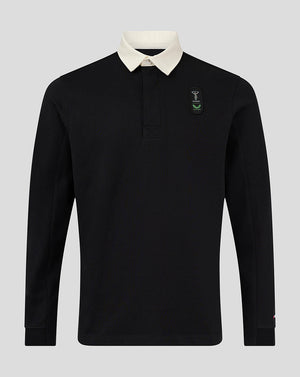 Black Harlequins dual branded jersey top with white collar and crest on the chest.