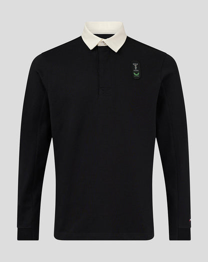 Black Harlequins dual branded jersey top with white collar and crest on the chest.