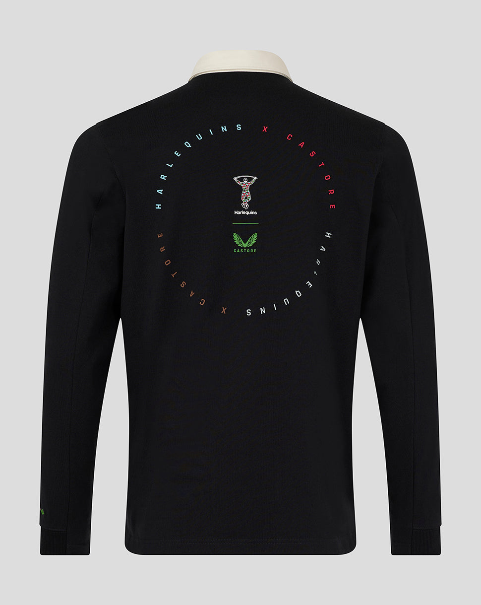 Back view of black Harlequins junior dual branded jersey top with circular multicolor graphic and center logos.