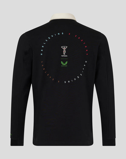 Back view of black Harlequins junior dual branded jersey top with circular multicolor graphic and center logos.