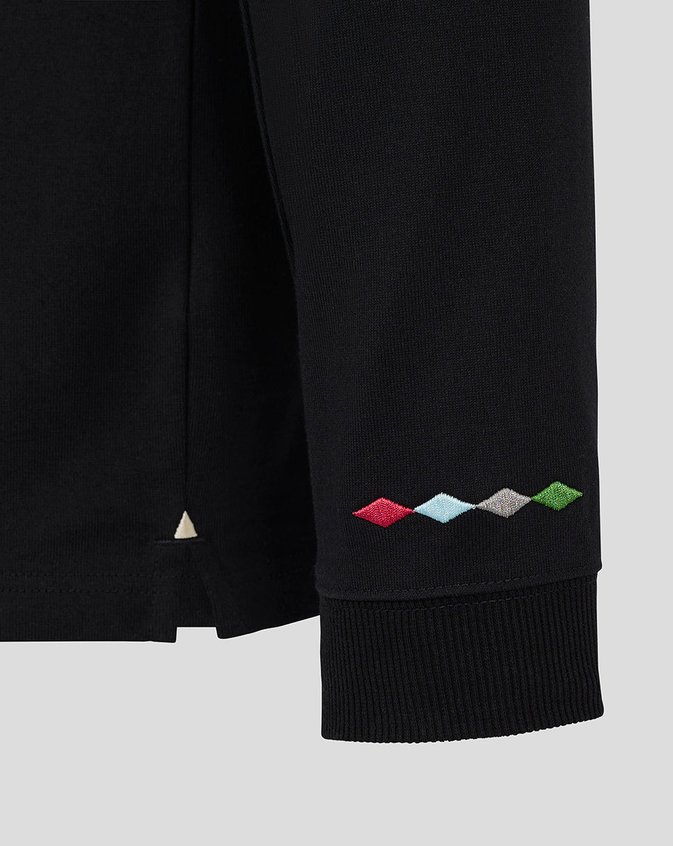 Black Harlequins jersey sleeve cuff with a row of colored diamond embroidery.