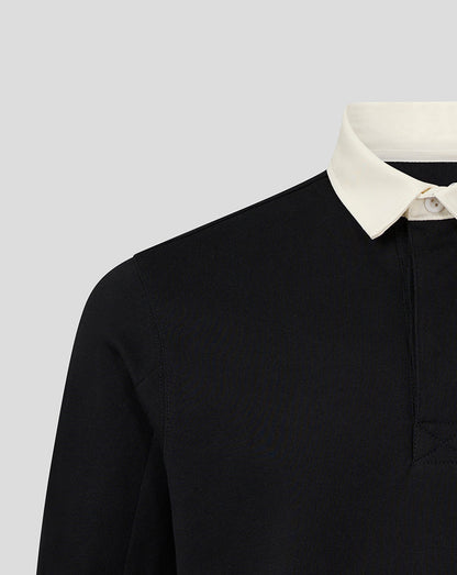 Shoulder and collar area of black Harlequins dual branded jersey top with a white contrasting collar.
