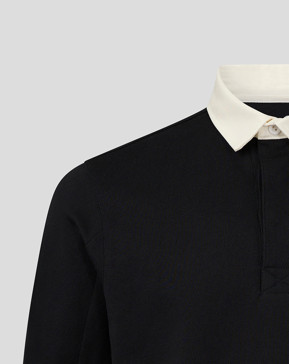 Close-up of Harlequins Junior Dual Branded Jersey Top in black with a white collar