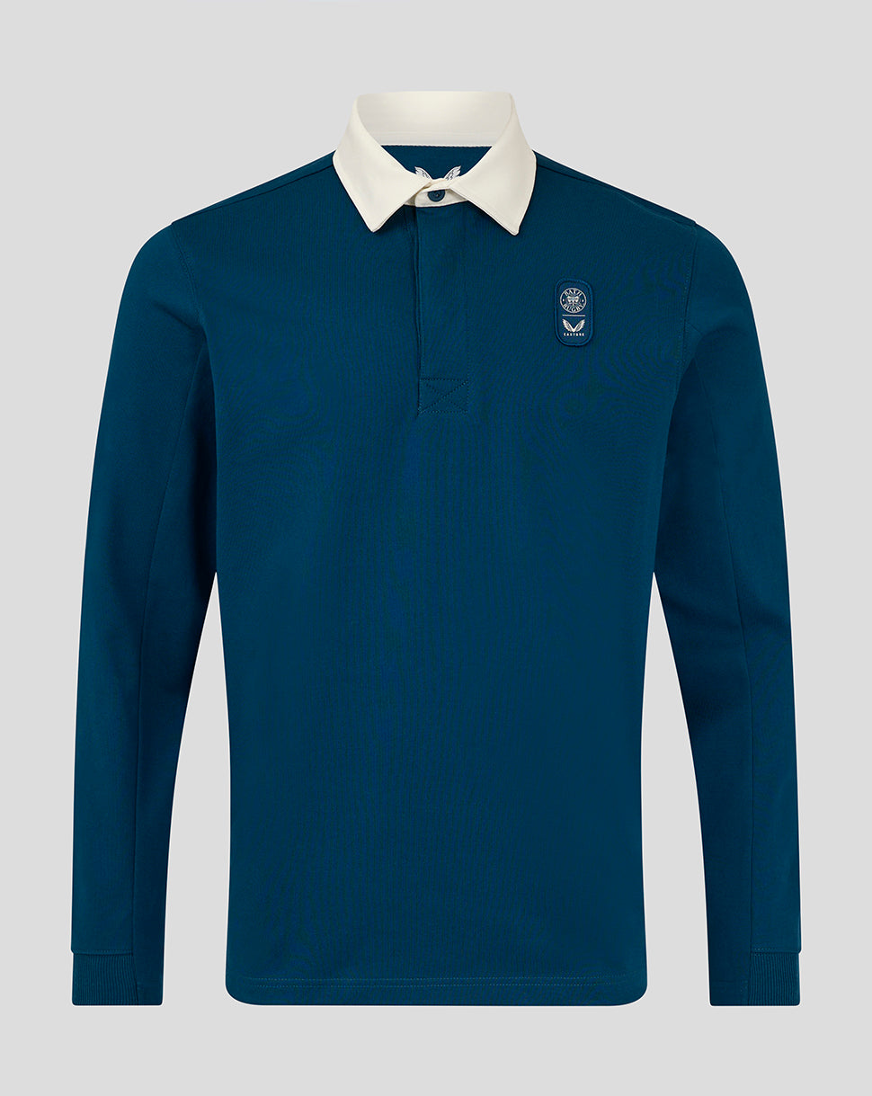Front view of teal Bath Rugby Men's Dual Branded jersey with white collar and chest emblem