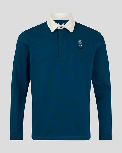 Front view of teal Bath Rugby Men's Dual Branded jersey with white collar and chest emblem
