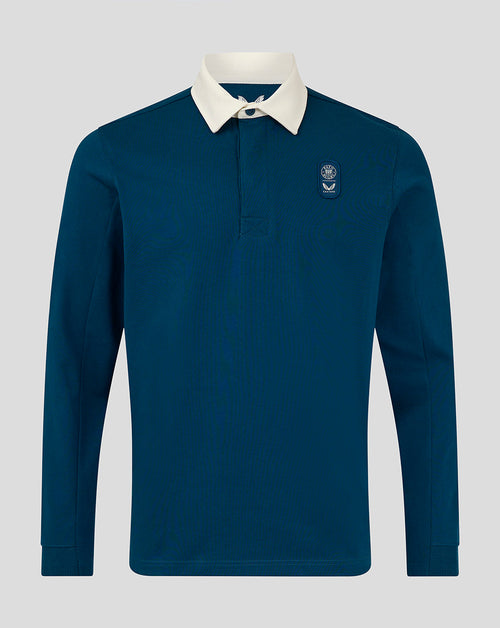 Front view of teal Bath Rugby Men's Dual Branded jersey with white collar and chest emblem